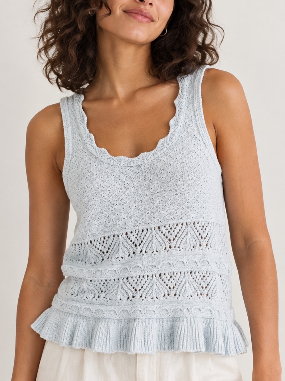 H&M Divided Light Blue Open Knit Ruffle Hem Tank Top Size S